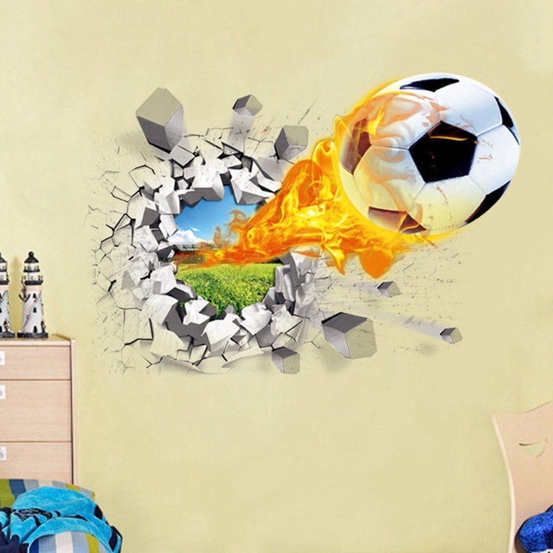 U-SharkÂ® 3D Self-Adhesive Removable Break Through The Wall Vinyl Football Soccer Wall Stickers/Murals Art Decals Decorator as Kids Birthday Gift (Flying Fire Football (19.7" X 27.6"/ 50 X 70cm)) - Image 3